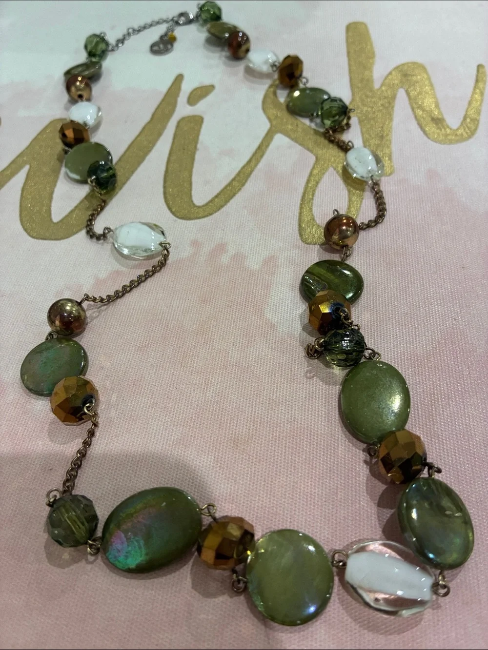 Erica Lyons Olive Green, White and Bronze Beaded Necklace